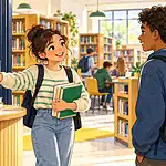 Une élève accueille un nouveau camarade à l’entrée d’une bibliothèque scolaire.