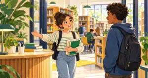 Une élève accueille un nouveau camarade à l’entrée d’une bibliothèque scolaire.