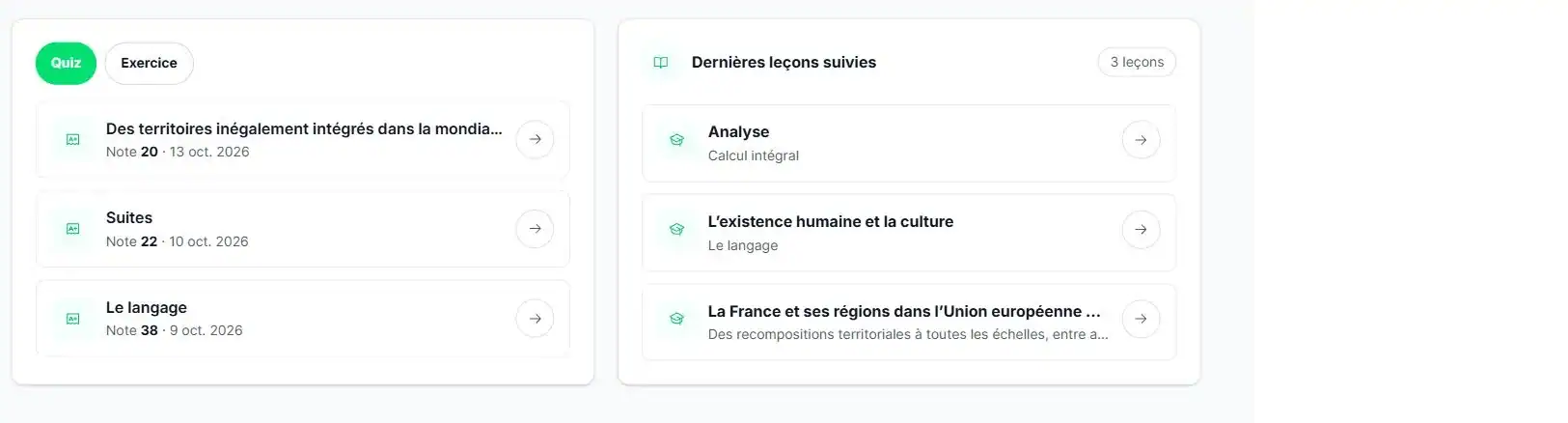 Activités récentes et dernières leçons suivies dans Stewdy