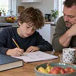 Un élève travaille les fractions dans un cahier avec son père à la maison