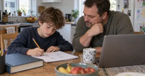 Un élève travaille les fractions dans un cahier avec son père à la maison