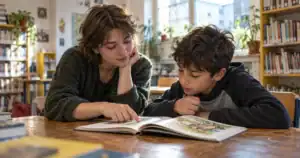Étudiante et collégien lisant ensemble dans une bibliothèque