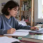 Une lycéenne révise avec son cahier et un ordinateur dans sa chambre