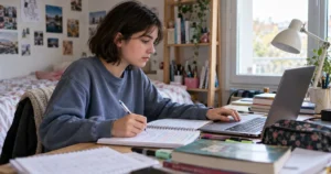 Une lycéenne révise avec son cahier et un ordinateur dans sa chambre