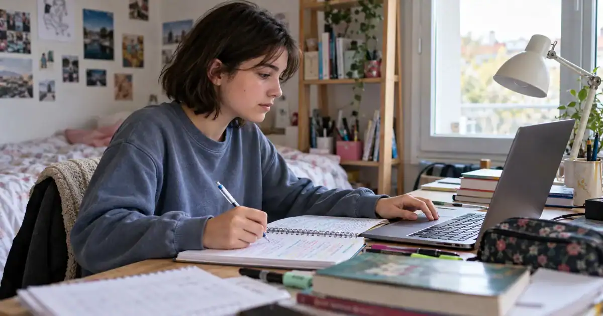Une lycéenne révise avec son cahier et un ordinateur dans sa chambre