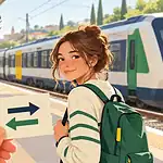 Un quai de gare et un train accompagnés de flèches indiquant les deux sens du trajet.