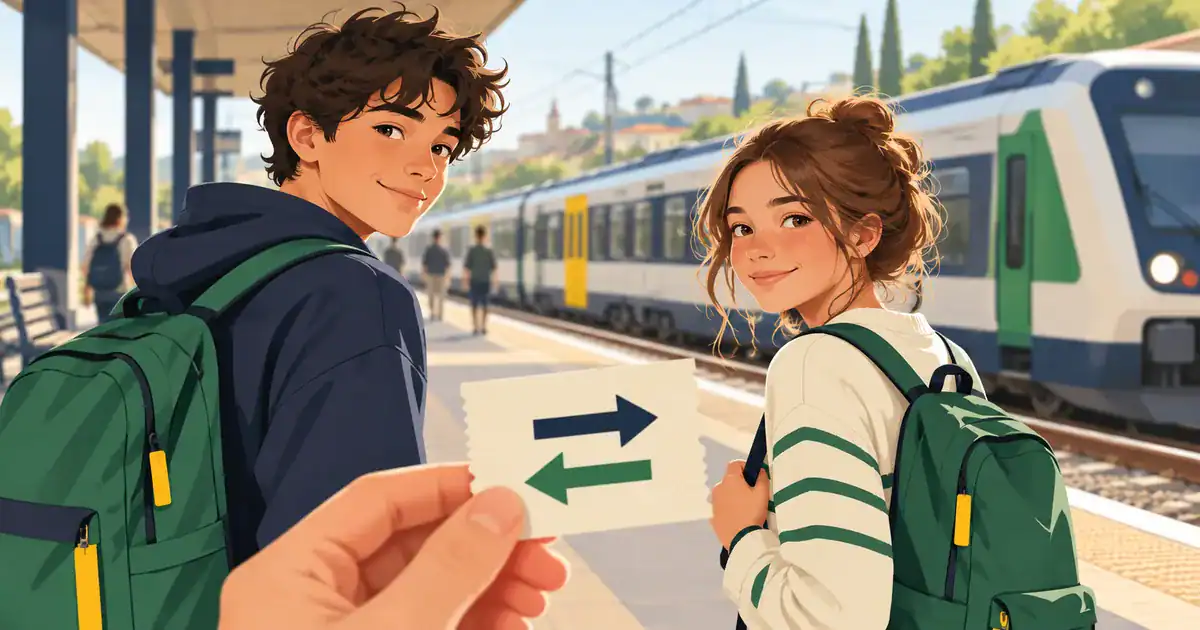 Un quai de gare et un train accompagnés de flèches indiquant les deux sens du trajet.