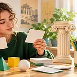 Une lycéenne étudie des formes géométriques et des cartes à côté d’une maquette de colonne antique.
