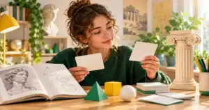 Une lycéenne étudie des formes géométriques et des cartes à côté d’une maquette de colonne antique.