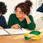 Deux élèves comparent leurs corrections près d’une feuille tordue.