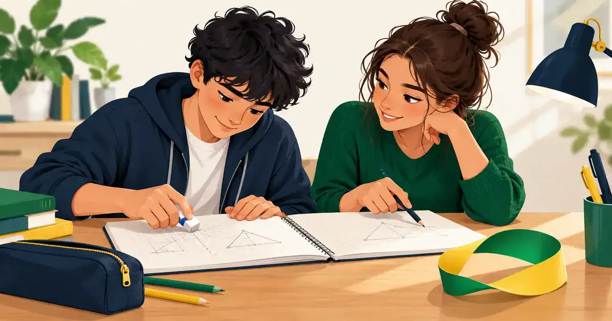 Deux élèves comparent leurs corrections près d’une feuille tordue.