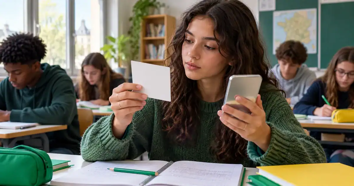 Une élève compare une carte et son reflet pendant un cours de français.