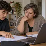 Un lycéen explique son raisonnement à sa mère devant un cahier et un ordinateur