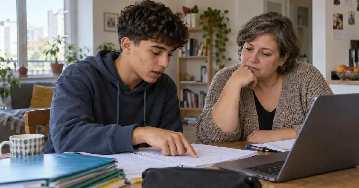 Un lycéen explique son raisonnement à sa mère devant un cahier et un ordinateur