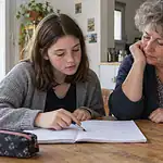 Une collégienne reprend son travail dans un cahier avec une enseignante