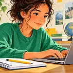 Une élève utilise un clavier d’ordinateur portable, avec un cahier à côté.