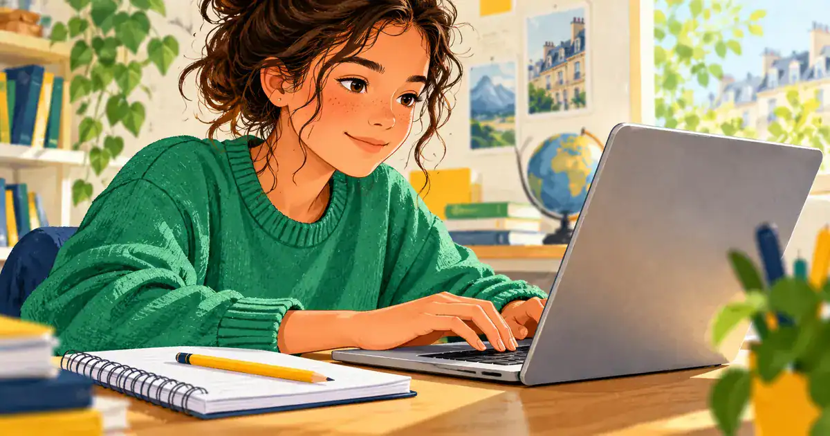 Une élève utilise un clavier d’ordinateur portable, avec un cahier à côté.