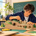 Un élève construit une maquette pendant qu’une camarade l’encourage.