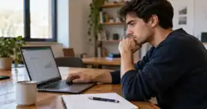 Jeune adulte travaillant sur un ordinateur et un tableau de données