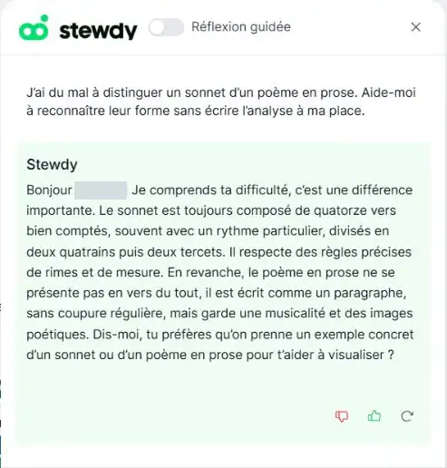 Échange avec Stewdy pour distinguer sonnet et poème en prose, prénom masqué