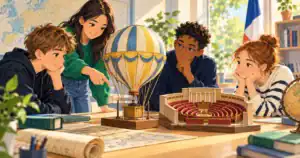 Des élèves observent des maquettes de ballon et de parlement pour étudier l’histoire républicaine.