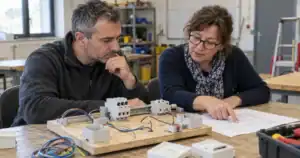 Adulte en formation examinant un montage avec sa formatrice