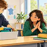 Un élève déplace une boîte de matériel scolaire avec l’encouragement d’une camarade.
