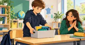 Un élève déplace une boîte de matériel scolaire avec l’encouragement d’une camarade.