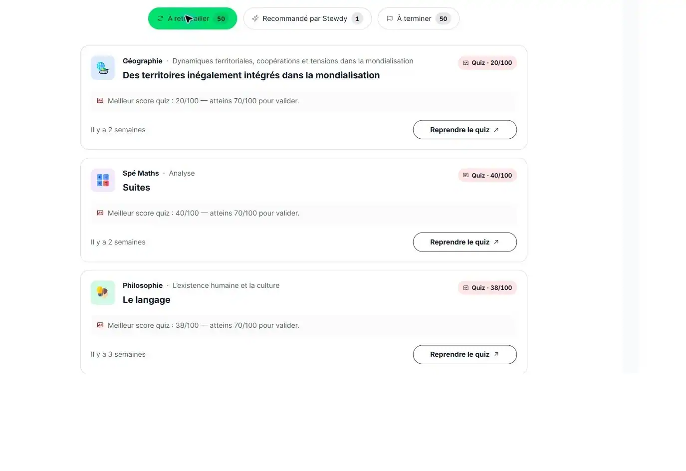 Activités à retravailler dans Stewdy, avec leurs scores et boutons de reprise