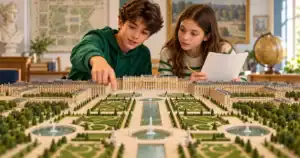 Deux élèves observent une maquette de palais et de jardin pour étudier le pouvoir royal.