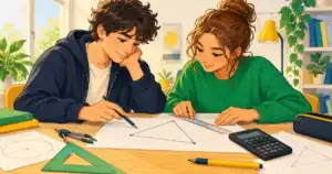 Deux lycéens étudient une figure géométrique avec une règle et une calculatrice.