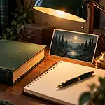 Un livre fermé, une lampe et un carnet évoquent une séance de lecture de suspense.
