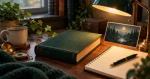 Un livre fermé, une lampe et un carnet évoquent une séance de lecture de suspense.