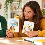 Deux collégiens comparent des cartes illustrant une action, une idée et une consigne.