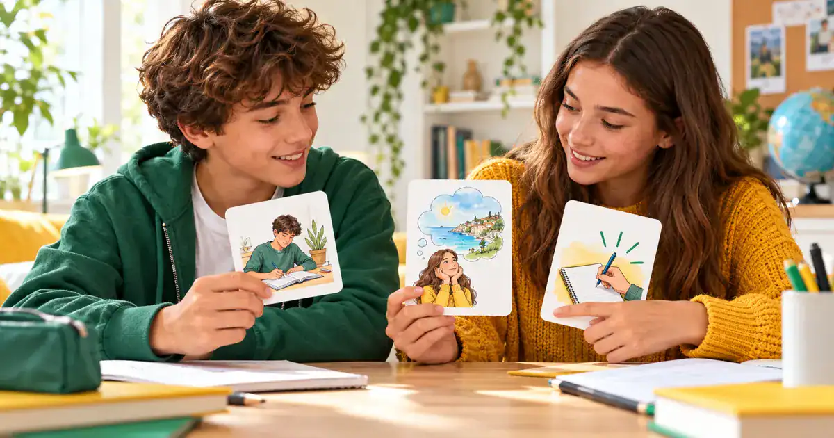 Deux collégiens comparent des cartes illustrant une action, une idée et une consigne.