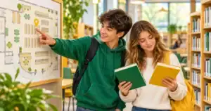 Deux élèves utilisent un plan pour situer un endroit et comparent des livres.