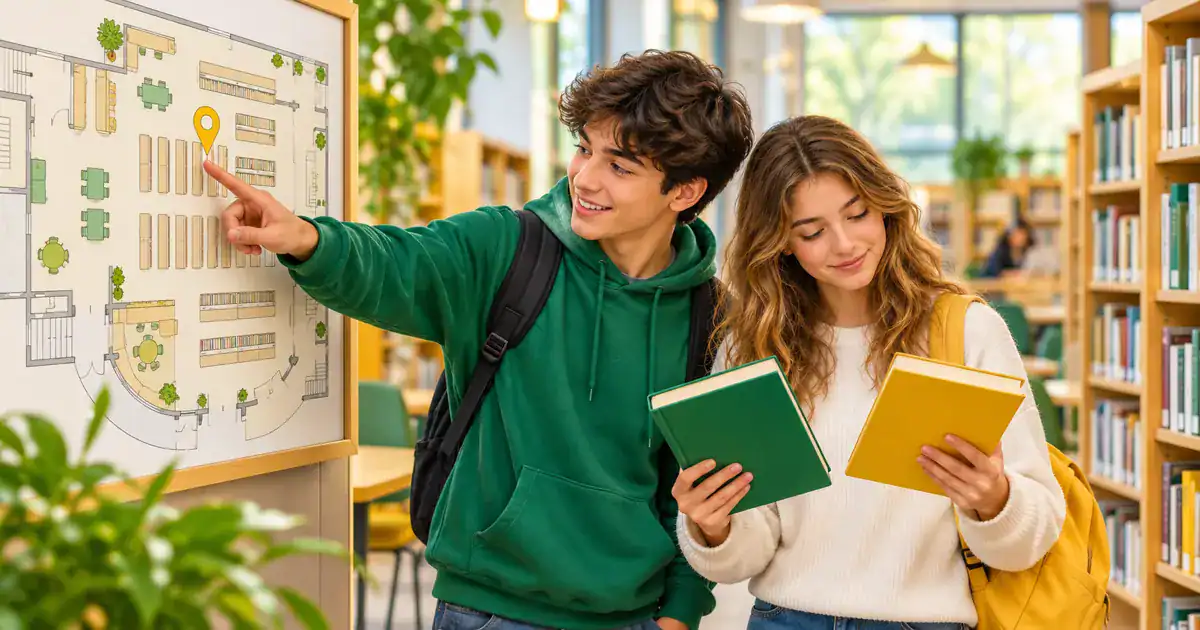 Deux élèves utilisent un plan pour situer un endroit et comparent des livres.