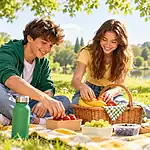 Des adolescents préparent un repas partagé sur une couverture dans un parc.