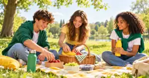 Des adolescents préparent un repas partagé sur une couverture dans un parc.