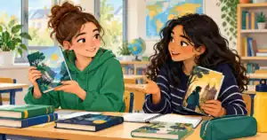 Deux élèves comparent des livres et expliquent leur choix.