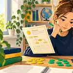 Une élève compare deux fiches et trie des jetons sur une table.