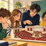 Des élèves observent une maquette de parlement dans une salle de classe.