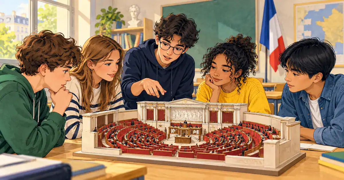 Des élèves observent une maquette de parlement dans une salle de classe.
