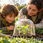Un enfant et une adulte observent un plant protégé par une cloche dans un jardin.