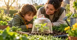 Un enfant et une adulte observent un plant protégé par une cloche dans un jardin.