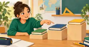 Une élève désigne le livre du milieu parmi trois livres sur des supports.
