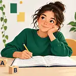Une élève révise dans un cahier, entourée de lettres en bois et de livres.