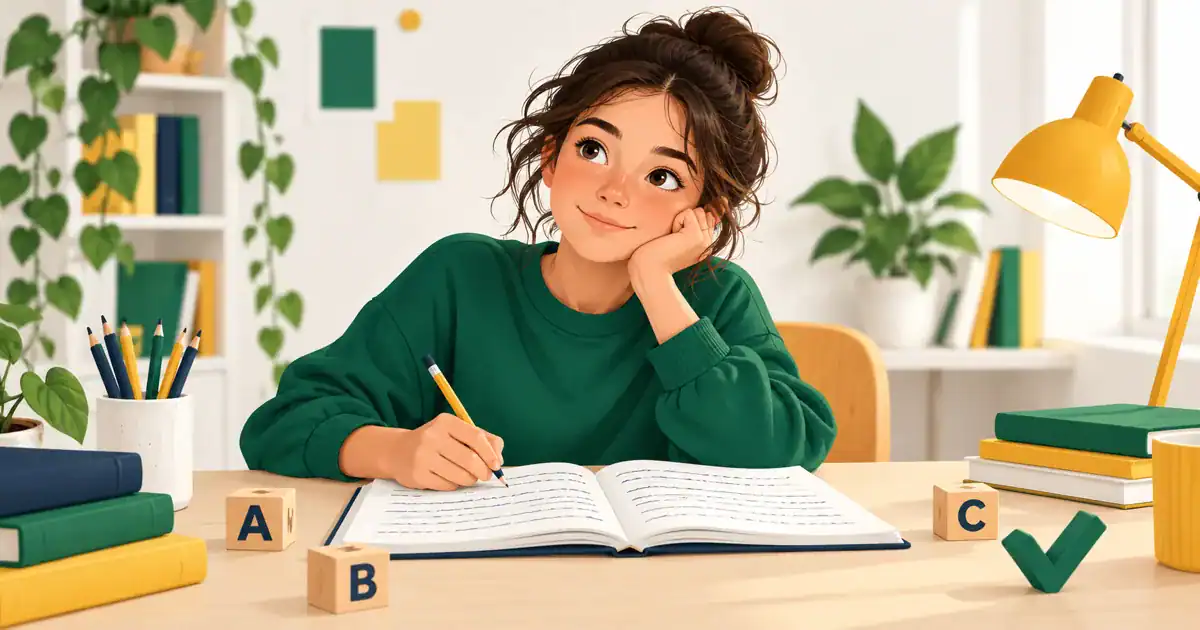 Une élève révise dans un cahier, entourée de lettres en bois et de livres.