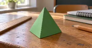 Tétraèdre en papier vert posé sur une table de classe