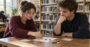 Deux étudiants réfléchissant à des choix autour d’une grille et de jetons